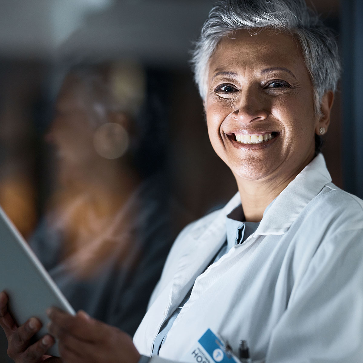 Medical, night and portrait of doctor and tablet for planning, medicine and schedule. Technology